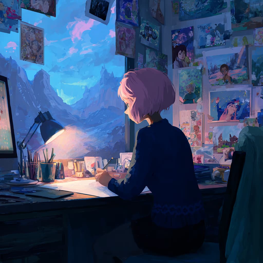 Anime illustration of a creator working at their desk